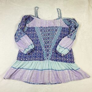 Walker & Wade Peasant Top Printed Cold Shoulder 3/4 Sleeve Casual Shirt Medium